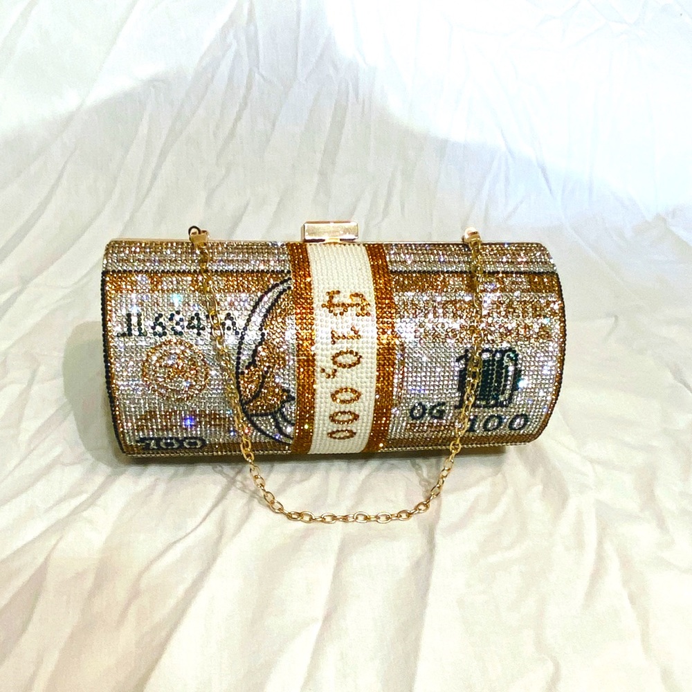 $100 USA DOLLAR BILL $10K 💵MONEY ROLL RHINESTONE 💎BLING 💎CROSSBODY BAG 
NEW